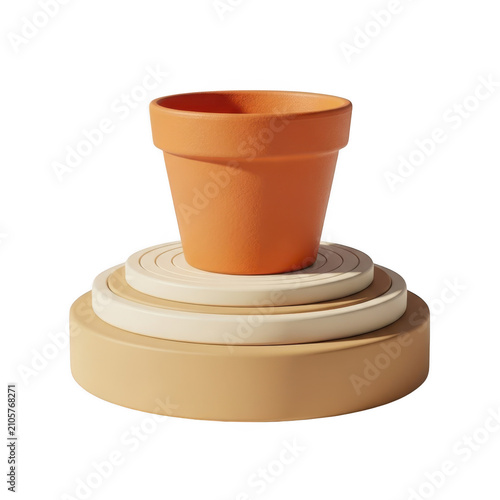 A small terracotta flower pot resting on a stack of three circular beige and tan display stands isolated on transparent background