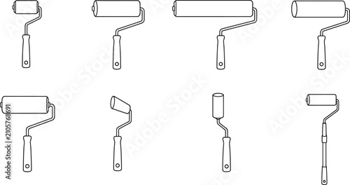 Paint roller tool icon set with assorted shapes for decorating renovation and home improvement work
