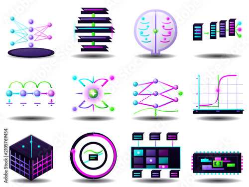 Bild auf Leinwand 12 Neural Network and Deep Learning Icon Set in Deep Cinematic Neon Style