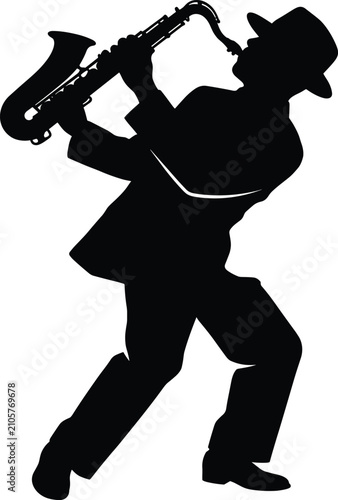 Photography Silhouette vector illustration of a jazz musician playing saxophone wearing a su