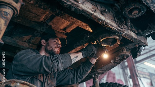 Technician installing a lifted suspension kit by mounting upgraded axles and heavyweight leaf springs beneath a rugged offroad vehicle frame.