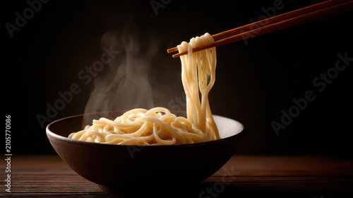 Side View of Chopsticks Holding Chewy Udon Noodles