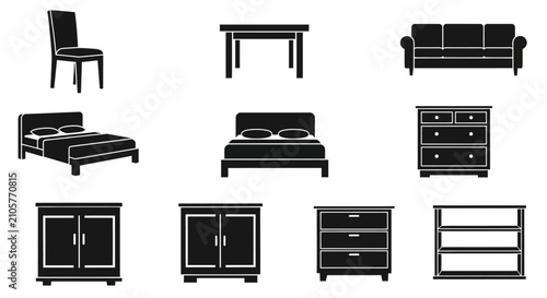 Foto Collection of modern furniture icons with dressers cabinets shelves icons includ