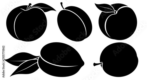 Black silhouettes of various fruits with leaves with each unique shapes some accompanied leaves set against white background six black illustration