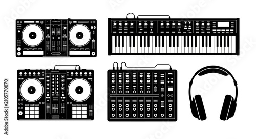 Dj equipment and headphones on white background with collection equipment synthesizer electronics technology controller recording turntable with keyboard