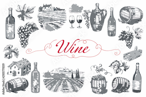 Schilderij op canvas Wine themed vector illustration with grapes bottles barrels and vineyard landsca