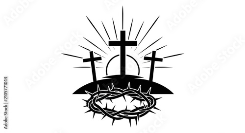 Crucifixion scene with crown of thorns with depicts black white front three crosses crosses hill sun white graphic christianity spirituality