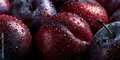 Close-up of wet cherries with water droplets