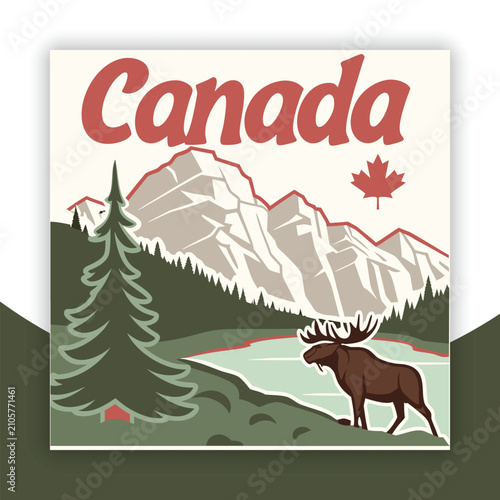 Vintage Canada Travel Poster Illustration with Moose Mountains and Pine Forest in Retro Style