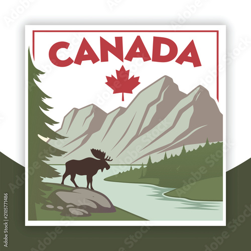 Vintage Style Canadian Wilderness Landscape Illustration Featuring A Moose And Rocky Mountains