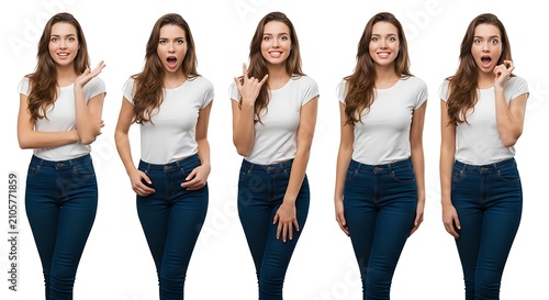 Five smiling women in casual business attire standing together.