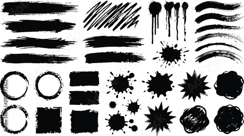 Black brush stroke collection diverse ink splatters lines and shapes for graphic design projects