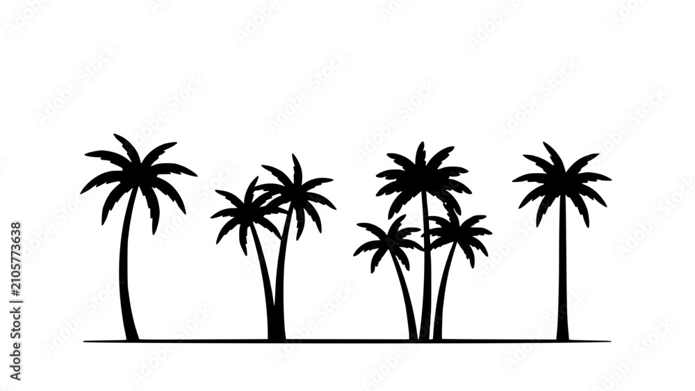 Fototapeta premium Palm Trees Silhouette Icons on Simple White Background, Tropical Travel Mood Graphic for Summer Concept Design