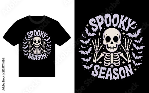 Spooky season tshirt design with cute skeleton and bats