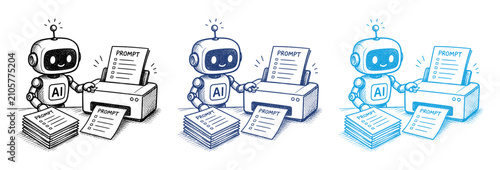 Cute AI Robot Character Printing Documents and Paperwork in Three Different Color Styles.