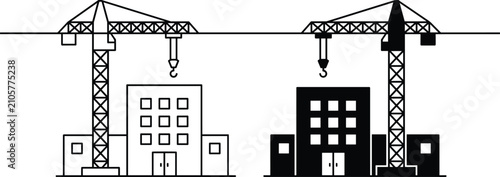 Konstfotografi Vector illustration of construction cranes lifting building structures, symboliz