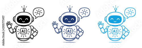 Set of three cute artificial intelligence robot characters waving and thinking in different line art styles.