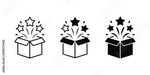 Open gift box icon set, magic box symbols, stars decoration, line and solid style gift packaging graphics, editable vector illustration.