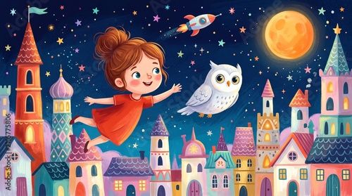Magical fantasy illustration, a child flying over a whimsical town with a white owl, creative imagination and childhood wonder concept