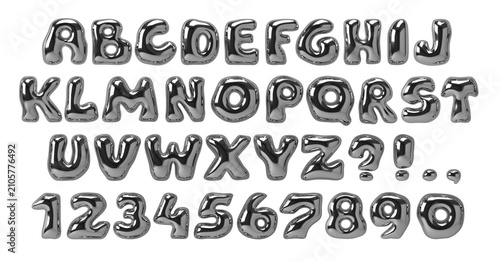 Bold metal font. Chrome 3d letters. Silver bubble typeface. Liquid metallic letters and numbers. Y2K style alphabet