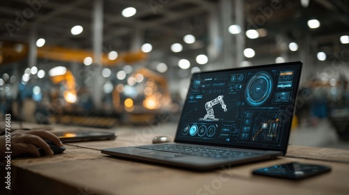 Laptop displaying futuristic interface in industrial setting with blurred background lighting