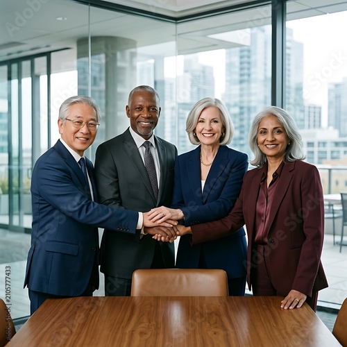 Four business professionals smiling in office meeting.