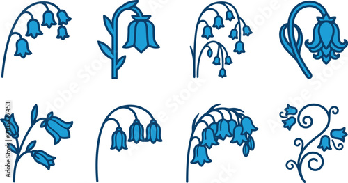 Bild auf Leinwand Blue Bellflower and Lily of the Valley Floral Icons Vector Set for Wedding Invit