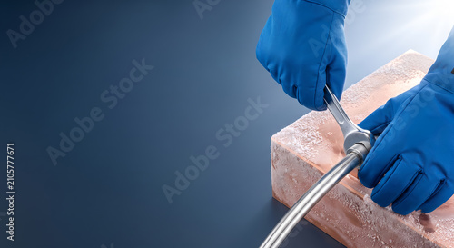 Industrial professional wearing blue protective gloves tightening metal pipe joint.