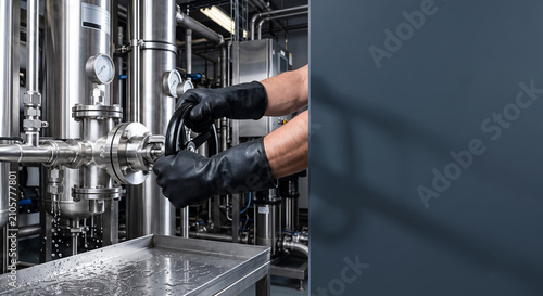 Operator hands wearing black protective gloves turning large valve wheel in factory.