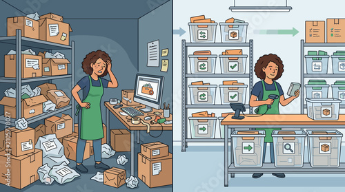 Comparison of disorganized warehouse work versus efficient inventory management. Shows contrast in productivity and workplace stress levels. Ideal for business operations and logistics.