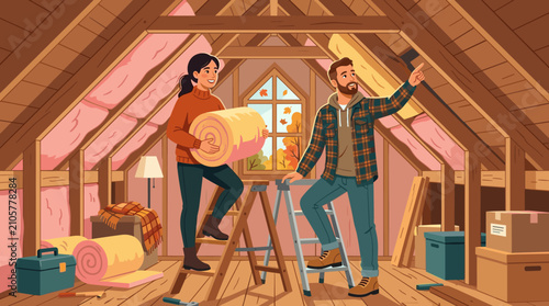 A young couple renovating their attic, installing insulation materials. The scene shows DIY home improvement, teamwork, and house renovation work in a cozy, warm atmosphere.