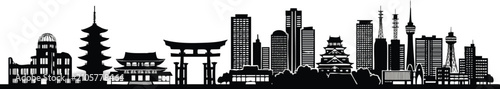 Modern Hiroshima city skyline at dusk with illuminated buildings. Japanese urban landscape vector illustration featuring iconic architecture and ri...