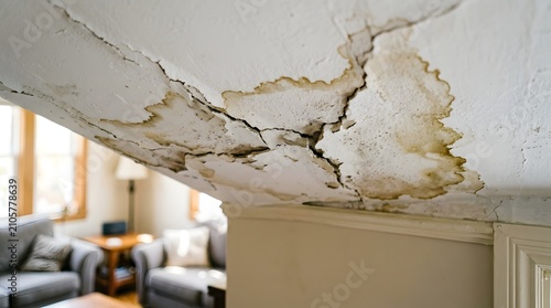 Severe water damage on ceiling with cracking paint and structural issues