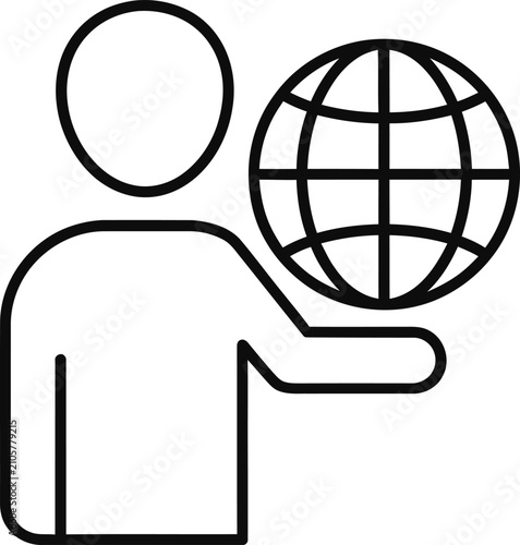 Outline icon of a human figure holding a globe representing global earth care.