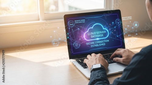 Person working on laptop with screen displaying secure connection established to cloud server database