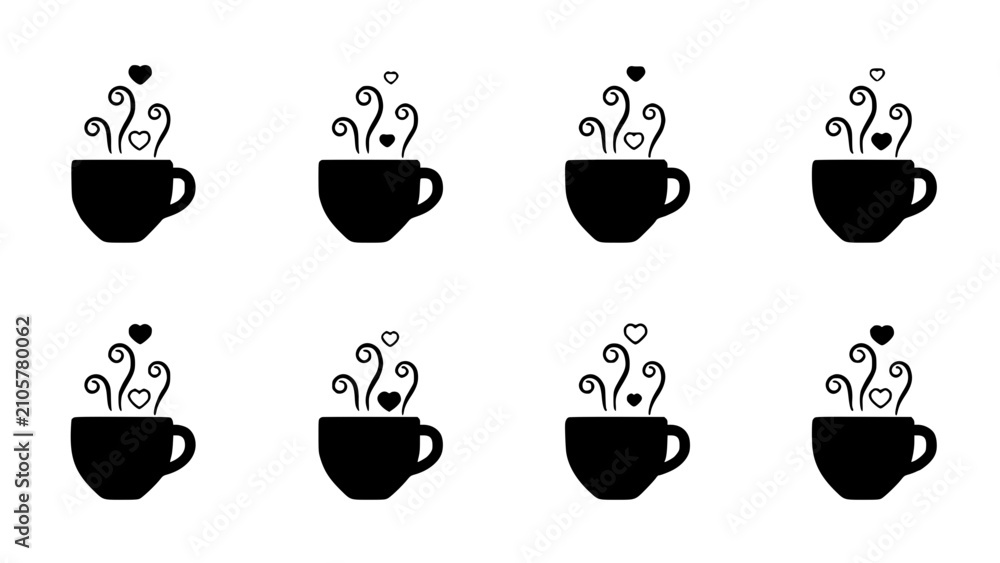 Fototapeta premium Coffee Cup Icon Set with Steam and Heart Accents, Minimalist Monochrome Design for Cafe, Love and Valentine Concept