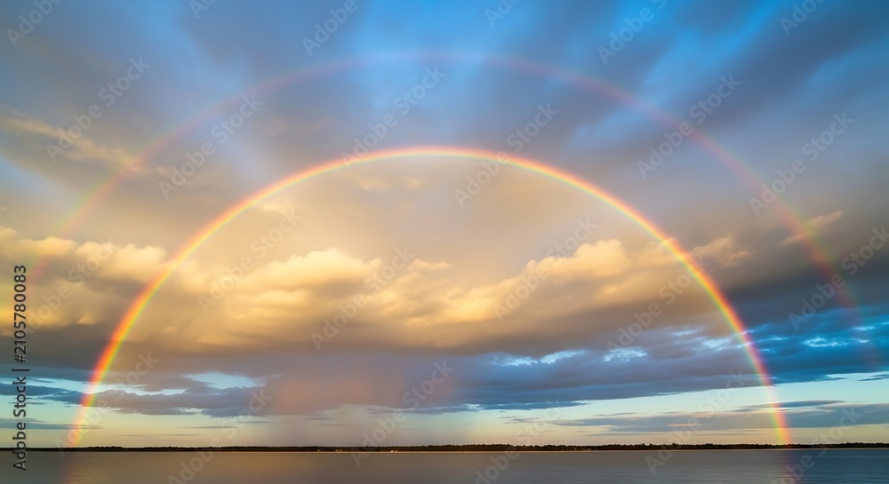 Obraz premium Full double rainbow appearing over a calm body of water after a storm