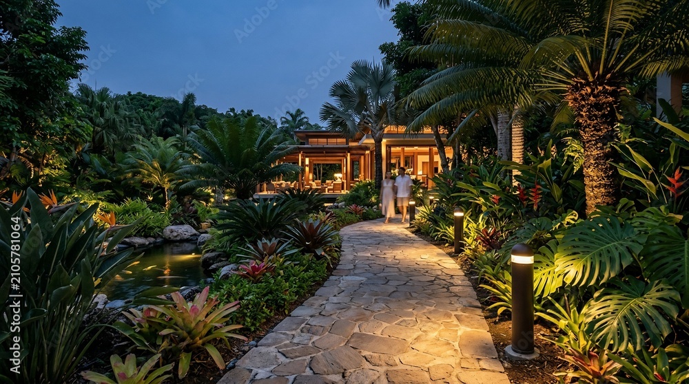 Fototapeta premium Illuminated garden path through tropical foliage at dusk