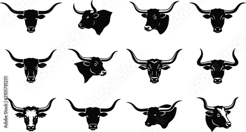 Texas Longhorn Cattle Head Silhouette Vector Set Bull Steer Horns Ranch Logo
