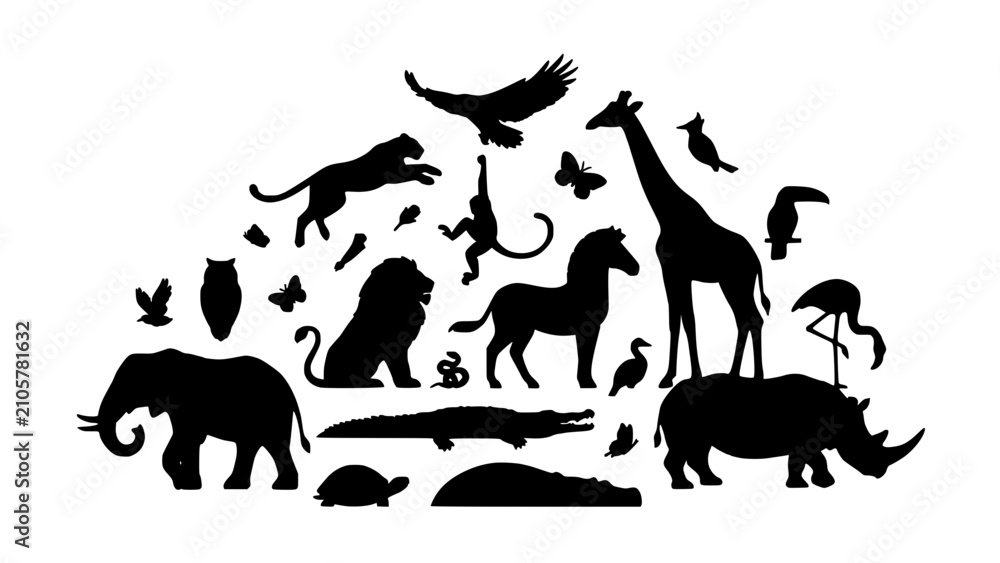 Fototapeta premium Animal Silhouettes Dense Intricate Vector Illustration Featuring Elephants Lions Birds and Other Wildlife in a Scene