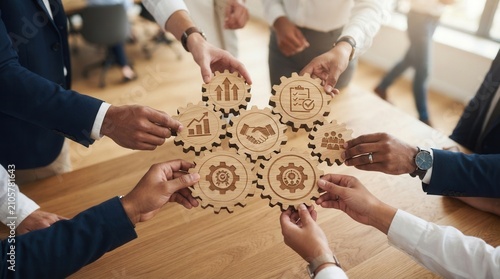 Wooden gear icons representing strategy, growth, and planning for team collaboration and management concepts in a professional setting.