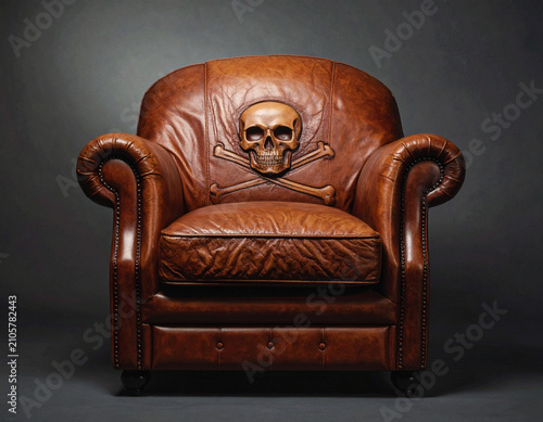 old leather armchair with skull and crossbones