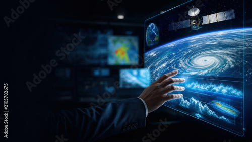 Meteorological Analyst Using Holographic Weather Satellite Dashboard