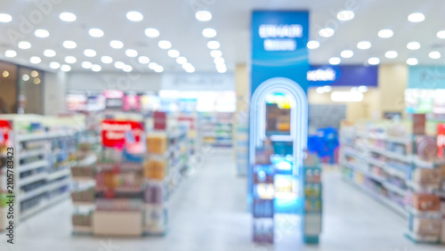 Bild auf Leinwand Abstract Blurred background of a modern pharmacy and beauty store inside a shopping mall