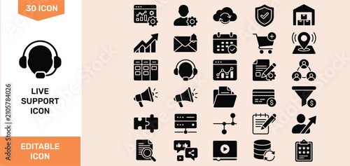 Live Support Glyph Icon Set – Customer Service, Helpdesk, Chat Vector Pack