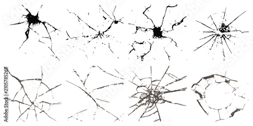 Konstfotografi Collection of shattered glass impact cracks, fractures, and bullet holes for damage texture vector illustration graphic design