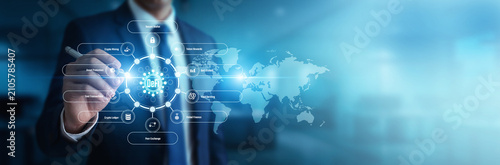 Cuadro en lienzo Blockchain engineer monitoring cryptocurrency ledgers pointing toward Decentralized Finance exchanges on a global network mainframe