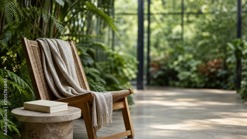 Fototapeta premium Woven Reading Chair In Lush Glass Conservatory