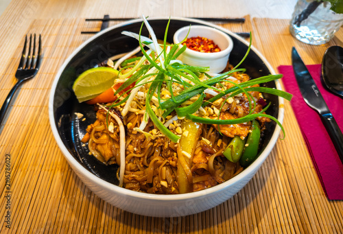 Pad Thai chicken noodles with lime and peanuts
