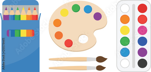 Creative Art Painting and Drawing Supply Set with Colored Pencils in Box Wooden Palette Paintbrushes and Watercolor Palette for School Education Hobby Graphic Designs Vector Graphic